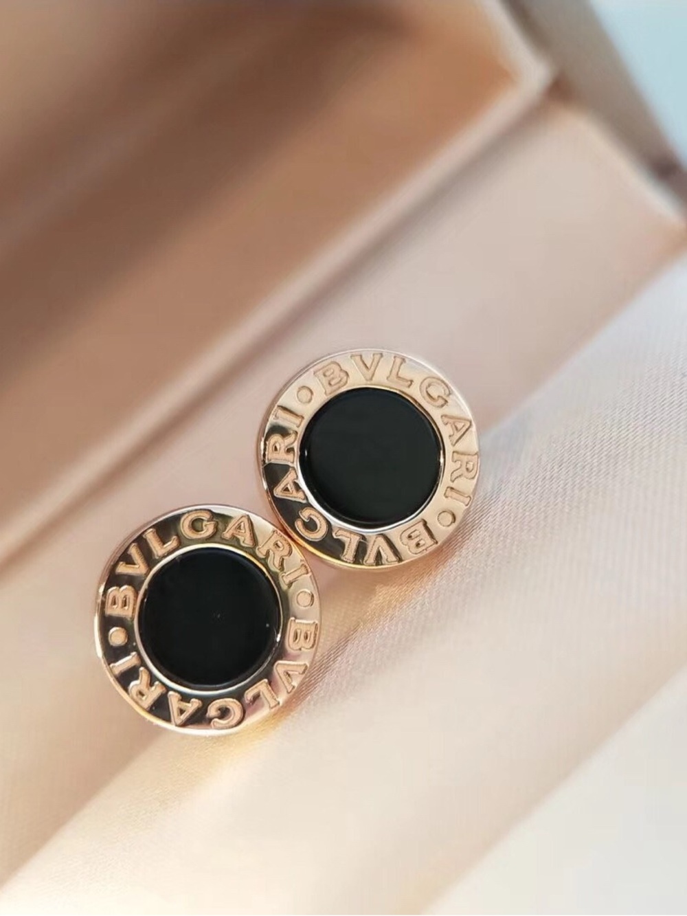 Bulgari Black and Rose Gold Round Glass Art Studs